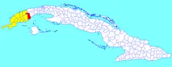 Los Palacios municipality (red) within Pinar del Río Province (yellow) and Cuba