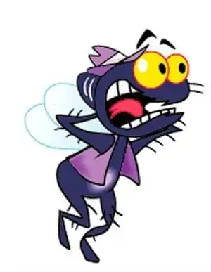 A cartoon fly wearing a coat and hat screaming while he puts his hands on his head