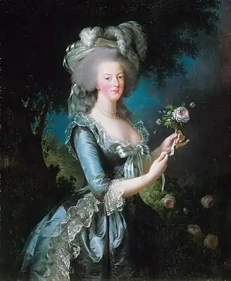 Marie-Antoinette with the Rose; by Élisabeth Vigée Le Brun; 1783; oil on canvas; 130 x 87&nbsp;cm; Palace of Versailles (Versailles, France)
