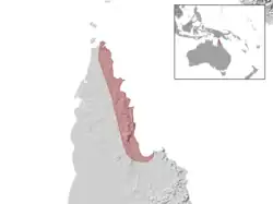 A zoomed in map of northern Australia depicting the geographic distribution of Lygisaurus sesbrauna, in the top right corner is a zoomed out map of Oceania/Australasia/parts of south-east Asia.