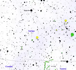 M37 appears as the central yellow dot in this large-scale (close range), detailed map