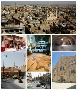 Clockwise: Madaba's skyline and King Hussein Mosque, Apostles Church, Shrine of the Beheading of Saint John the Baptist, St. George Church, Madaba Archaeological Park, Souvenir shops, and the Madaba Map mosaic.