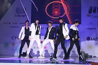 MBLAQ in 2010 - From left to right: Seungho, Thunder, Joon, Mir, G.O