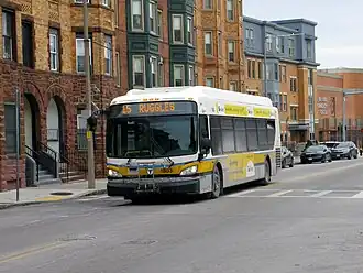 A white and yellow transit bus on an urban street