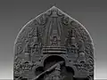 11th century relief of a temple sikhara (in centre) flanked by stupas featured in a arch adoring Manjushri from Bengal. Currently at Metropolitan Museum of Art