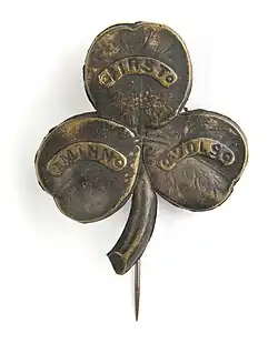 Plain brass First Minnesota Volunteer Infantry badge worn on the kepi. It was worn by Sergeant Chesley Billings Tirrell of Company C. The officers version was nickel-plated. The trefoil was the Corps emblem of the II Corps that the 1st Minn. was attached to. (Minnesota Historical Society)