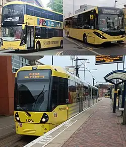 A montage of Bee Network services, including buses (top images) and Metrolink (bottom image)