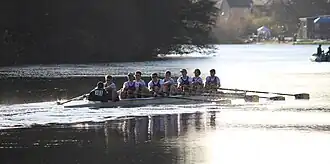 Manchester University Boat Club's Men's First Eight racing at Head of the Lune 2025