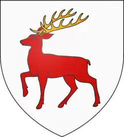 A shield of arms showing a red stag on a white ground