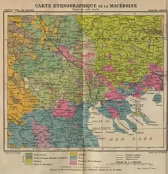 Serbian map, presenting the group as Macedonian Slavs in South, as Serbs in North and in Eastern part as Bulgarians.