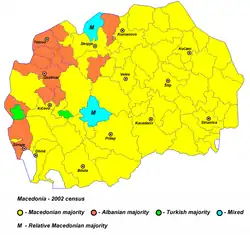 A map of Macedonia showing the most prominent ethnicity by municipality. Municipalities in the northwest frequently have Albanian majorities, and a couple with Turkish majorities. Almost all of the rest have Macedonian majorities