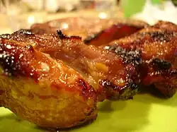 Char siu is often marinated with plum sauce and honey for sweet flavour.