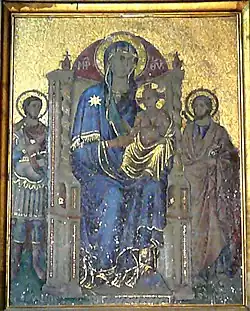 Mosaic of Virgin and Child with St. Chrysogonus (left) and St. James the Greater (right). (At the church of San Crisogono in Rome, c. 1273–1308)