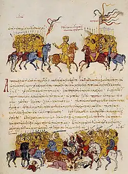 a. Thomas the Slav negotiates with the Saracens, b. Thomas's troops defeat the Imperial army