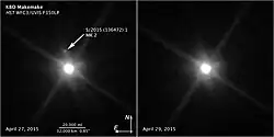 Hubble Space Telescope images of Makemake's moon S/2015 (136472) 1 show it as a small gray dot positioned right next Makemake, which appears as a larger white dot.