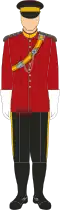 No. 1 Dress of the Royal Armoured Corps (Cavalry Officer). For the cavalry variation, personnel wear the same uniform with the addition of white cavalry gloves and riding boots