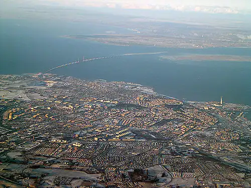 Aerial view of the bi-national Medicon Valley region, straddling the Öresund strait, between Sweden and Denmark.