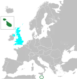 Europe during the Cold War, Malta in dark green, United Kingdom in cyan