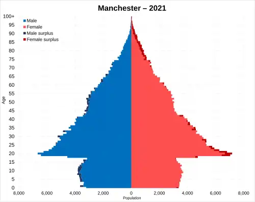 A population pyramid that is fairly symmetrical and slowly widens as it goes down before suddenly dropping off and becoming fairly regular again.