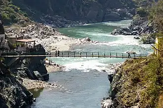 Mandakini coming in to join Alaknanda. The jhula bridge seen here and the previous image was washed away along with the pillar on the other bankduring the 2013 Uttarakhand floods.
