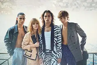 Måneskin promotional photo, 2018; from left to right: Ethan Torchio, Victoria De Angelis, Damiano David and Thomas Raggi