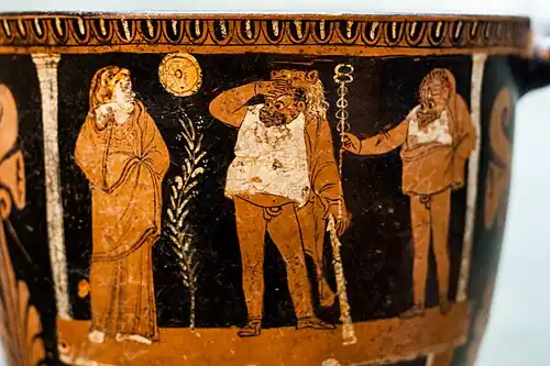 Alcestis (left), Heracles (centre), and Hermes (right) on a Sicilian red-figure skyphos, dating to c. 350–340 BC