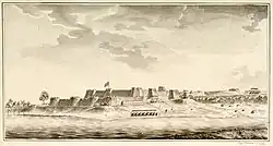 A fort with two-tiered ramparts and many bastions rises above the far bank of a river. Some human settlements are visible nearby.