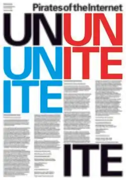 Poster design with white background, black text filling the poster, and large type in black, blue, and red spelling out "UNITE UNITE UNITE"