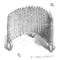 A wicker U-shaped mantlet on wheels. Wicker was a popular material for siege defences as it was lightweight, effective and easy to construct. The wheels add further mobility which meant that the user could move forward slowly but surely.
