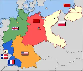 The eventual partition of Germany into Allied Occupation Zones:[28] &nbsp;&nbsp;British zone &nbsp;&nbsp;French zone (two exclaves) and beginning in 1947, the Saar Protectorate &nbsp;&nbsp;American zone, including Bremen &nbsp;&nbsp;Soviet zone, later the GDR &nbsp;&nbsp;Polish and Soviet annexed territory