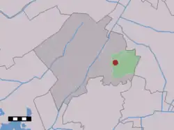 The village (dark red) and the statistical district (light green) of Lhee in the municipality of Westerveld.
