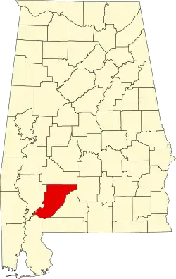 Map of Alabama highlighting Monroe County