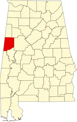 Map of Alabama highlighting Pickens County