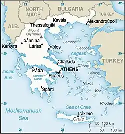 Map of Greece showing major cities, parts of surrounding countries, and water bodies