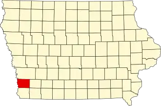 Map of Iowa highlighting Mills County