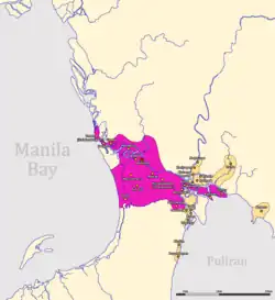 A map of Namayan (colored pink) under the rule of Lakantagkan. Locations like Dibag, Pinacauasan and Yamagtogon are missing. The location of Meycatmon and Calatondongan are unclear.