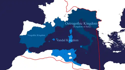 Theodoric's empire at its peak in 523: blue for direct rule, light blue for regions under his hegemony