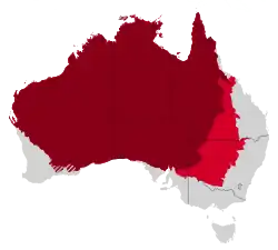 Red and dark red areas form the Outback; dark red and striped areas form the modern Outback.[a]