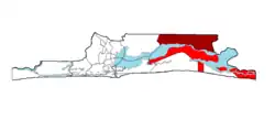 Epe shown within the State of Lagos; the town is highlighted in deep red, while the rest of the LGA is highlighted in lighter red