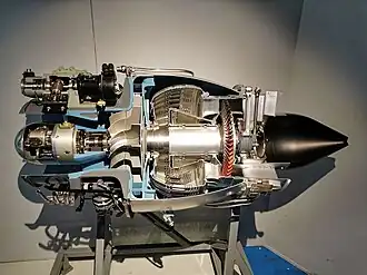Turbomeca Marboré IV engine showing location of leakage between impeller blades and stationary shroud, shown sectioned and painted blue. This is the leak path for a centrifugal impeller equivalent to an axial blade tip to casing clearance.[117]
