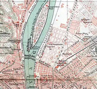 Margaret Island in 1890: the bridge was not connected to the island; future Újlipótváros streets shown on map
