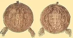 Two sides of a seal: a crowned woman sitting on a throne and a coat-of-arms depicting a double cross