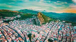 Aerial view of Marineo, facing the Rock of Marineo which is in the southwest of the town