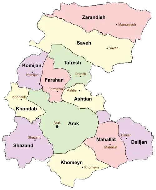 Location of Arak County in&nbsp;Markazi&nbsp;province (bottom center, green)