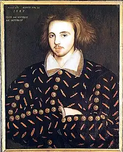 Portrait with front view of a man with long hair, moustache, and arms folded, a putative portrait of Christopher Marlowe (Corpus Christi College, Cambridge).