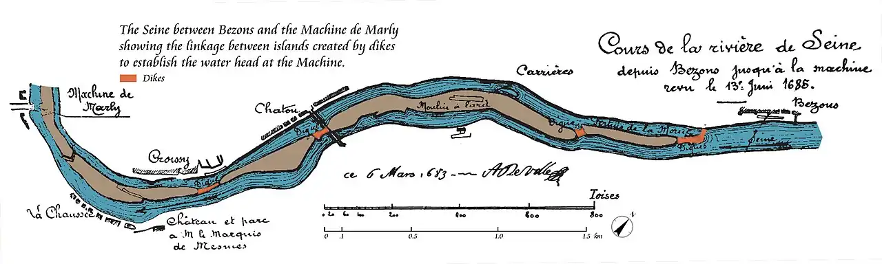 The Seine between Bezons and the Machine de Marly showing the linkage between islands created by dikes to establish the water head at the Machine