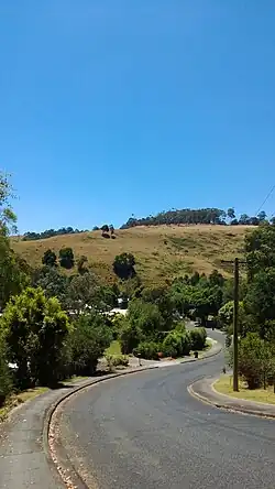 Homes on the undulating street of Marshall Street with a view of Harmony Hills in the background.
