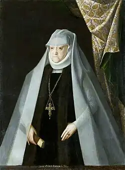 Portrait of widowed Queen Anna of Poland wearing a white wimple, veil, and ruff typical of 16th-century noblewomen.