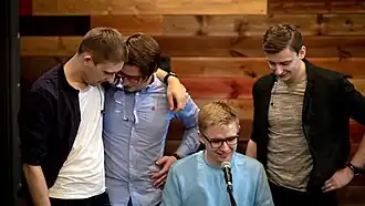 Members of Martin S. (from left to right: Uladzimier Bośka, Andrej Marčanka, Hiera Supakoŭ, Iĺlia Baśko) in the studio during the filming of a live-video for the single "Novy Dzień" (February 2019)