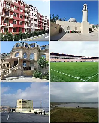 Clockwise from top: New apartment blocks; Juma Mosque; Bank Respublika Arena; Salt factory; №3 middle school